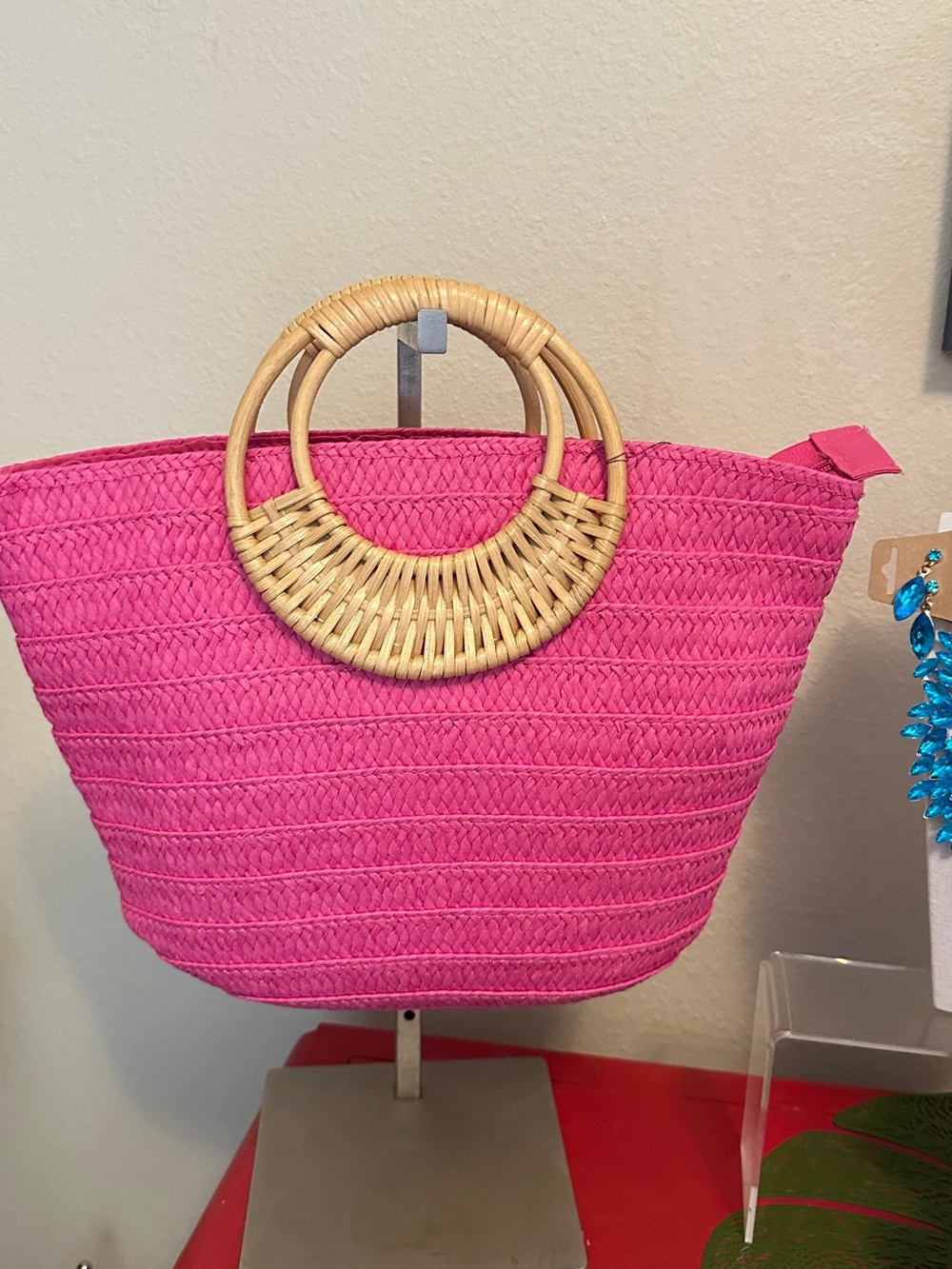 Pink Straw Tote Bag with Rattan Circle Handles
